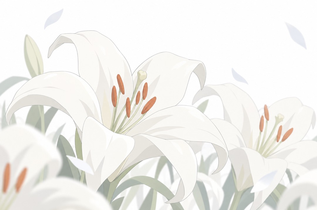 Macro on white lilies filling the whole frame: open trumpets, curled white petals, orange-red stamens, pale green stems, the edges of the frame softly out of focus, white light behind.
