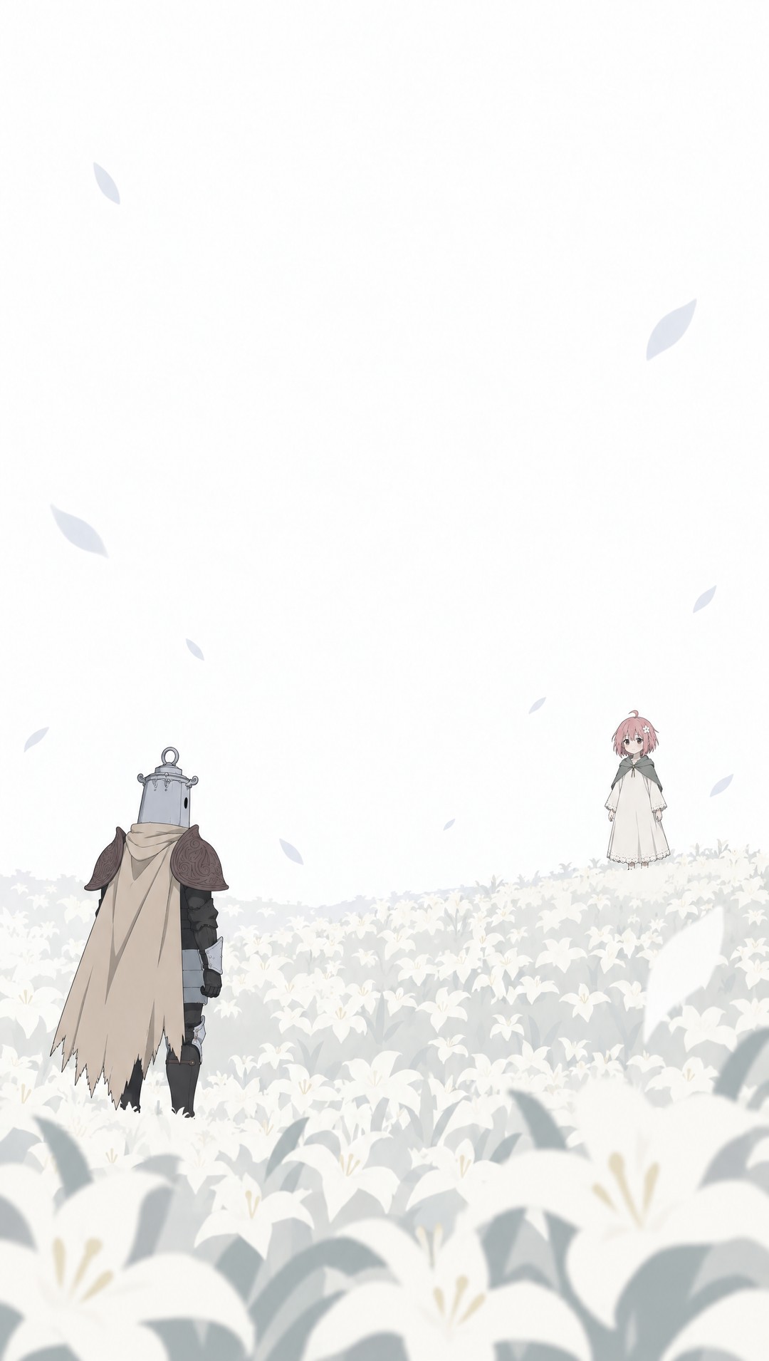 A vast field of white lilies under a blown-out white sky. Lanterne stands small at the left in the middle distance, seen from behind at three quarters, facing right. Far to the right and a little higher, on a low rise of lilies, a tiny figure faces him: Rose, in a grey-green hooded cloak, pink hair. Lilies in soft focus in the foreground.