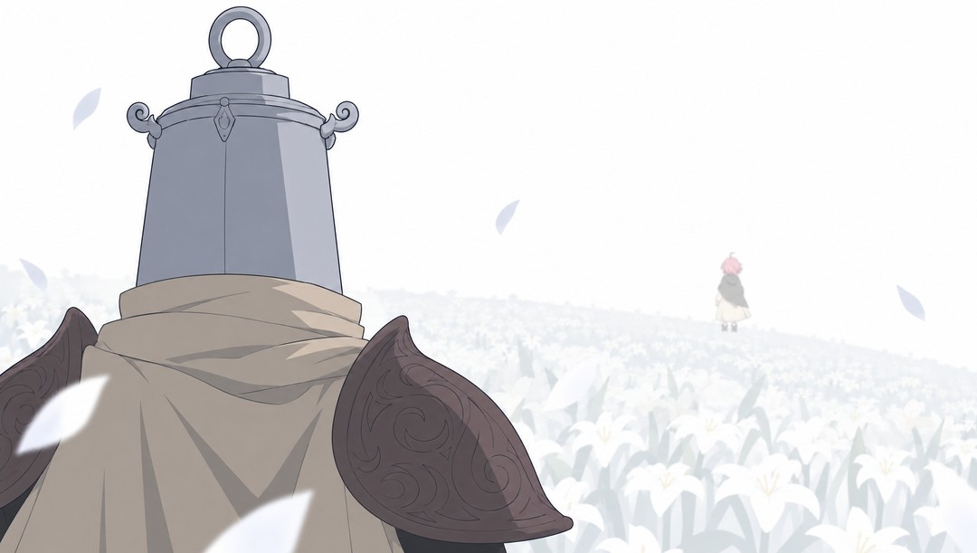 Close on the back of Lanterne's lantern helmet and his pauldrons, seen strictly from behind, slightly off centre; ahead of him, out of focus, the pale field of lilies under a white sky, with a faint pink and grey-green speck far away on the rise: Rose.