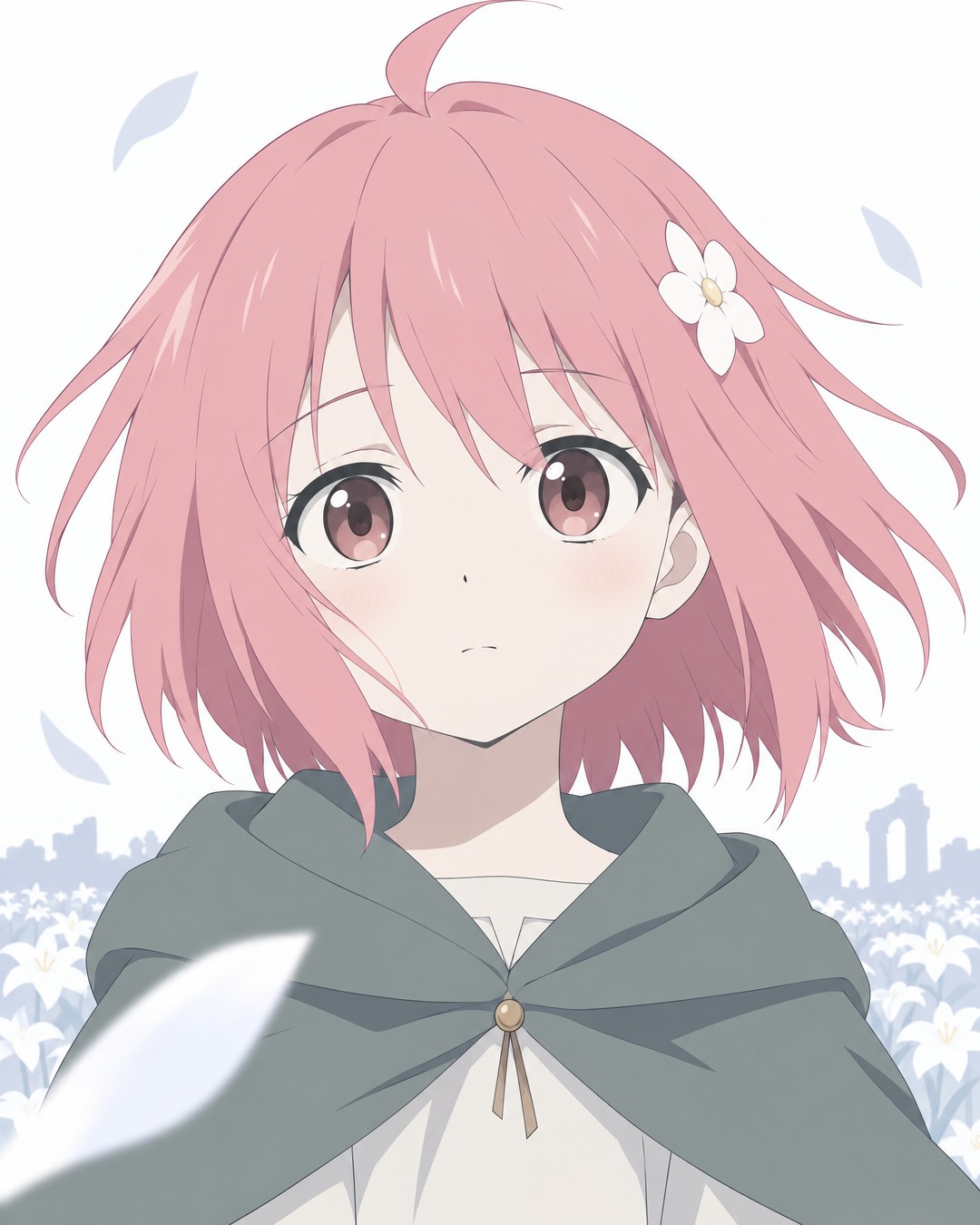 Big close-up of Rose against a white sky: short pink bob hair moving in the wind, the white flower in her hair on the viewer's right, large soft eyes looking straight at the viewer, small closed mouth, hood down on her shoulders. A single white petal crosses the foreground, out of focus.