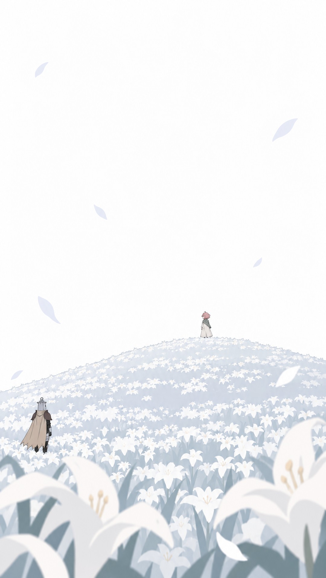 Extreme wide: a rounded hill entirely covered in white lilies under a blown-out white sky. At the summit, a speck: Rose, cloak and pink hair. At the base of the hill on the left, another speck: Lanterne, facing the hill. Lilies in soft focus in the foreground.