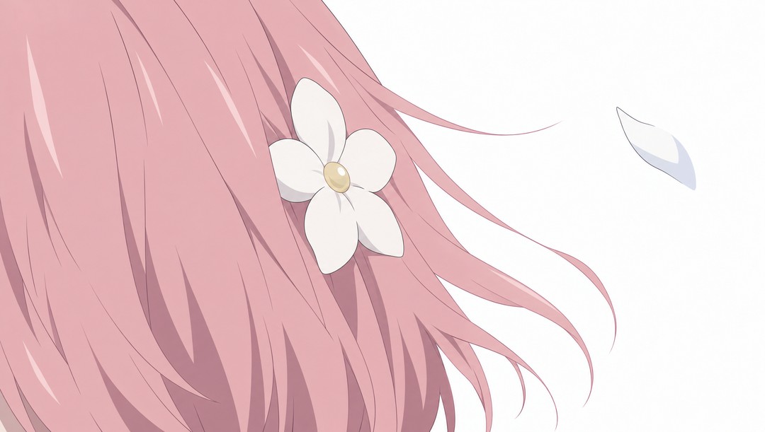 Extreme close-up on the side of Rose's head: the white flower tucked in her pink hair above her left temple, strands of pink hair moving in the wind, one petal lifting away from the flower. Plain white sky behind.