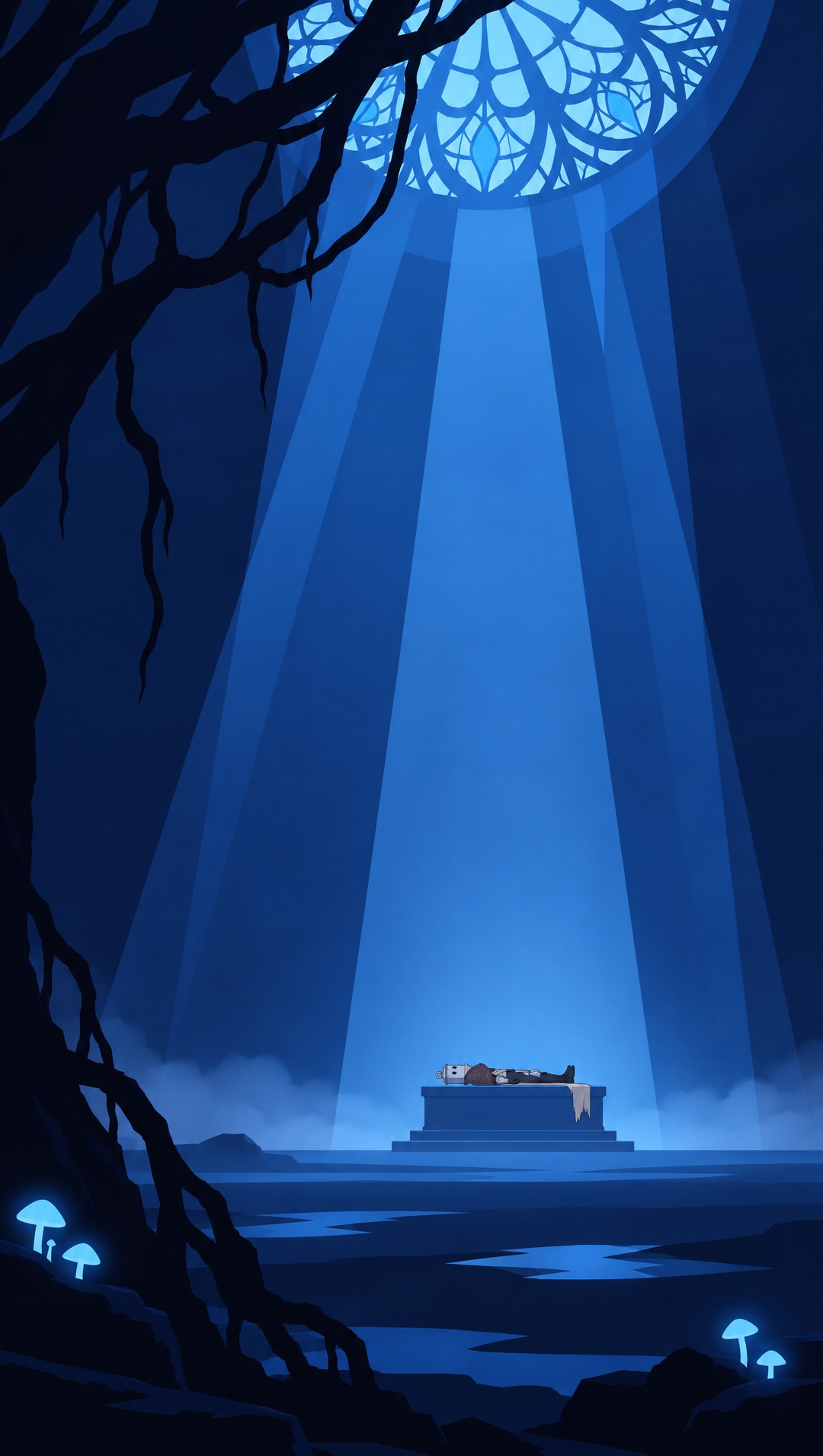 Extreme wide of a vast underground sanctuary in deep blue and black. Pale cyan light falls in long beams from high above through mist; twisted black roots frame the left edge and the top; glowing blue mushrooms and pools of cold light along the stone floor; thin ground mist. Far in the middle distance, tiny, a long stone altar with an armoured figure lying on it.