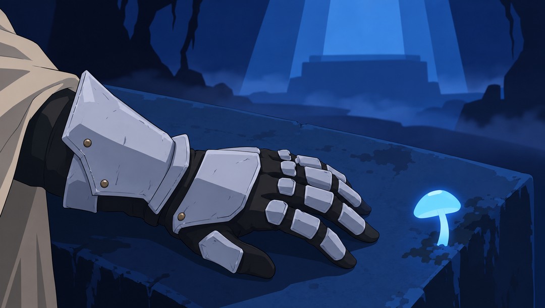 Detail of Lanterne's steel gauntlet over a black glove resting on the carved stone lid of the altar, palm down, fingers slightly apart; beside the hand, one small blue glowing mushroom; cold blue light from above, thin mist.