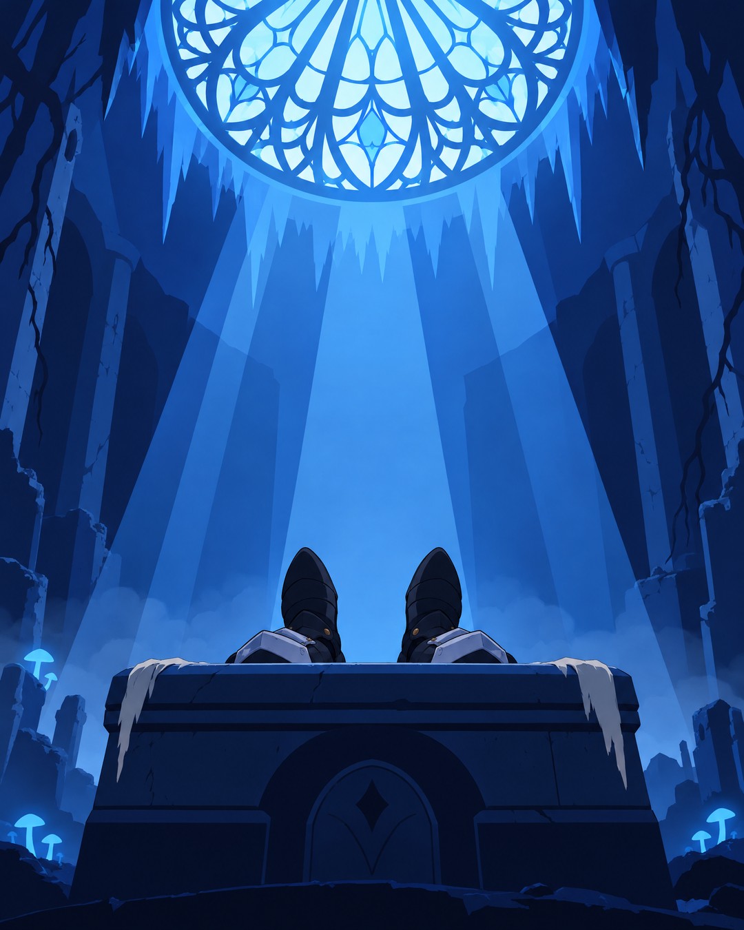 Low wide shot along the stone altar from its foot. Closest to the viewer, two dark armoured sabatons rest on the carved stone lid. Above and beyond, an immense ornate circular rose window glows cold cyan and white, its tracery like a mandala, ice-like stalactites hanging from the vault around it; beams of light fall from it onto the altar; carved stone walls in deep blue on both sides.