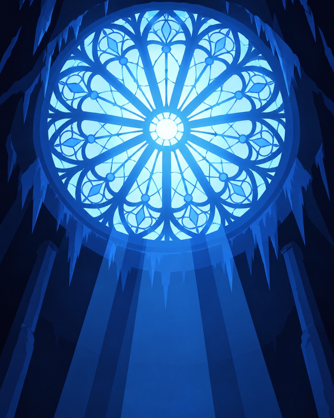 The rose window fills the frame, seen from below: a great circular tracery glowing cold cyan, stalactites around it, the light growing brighter as if the window woke.