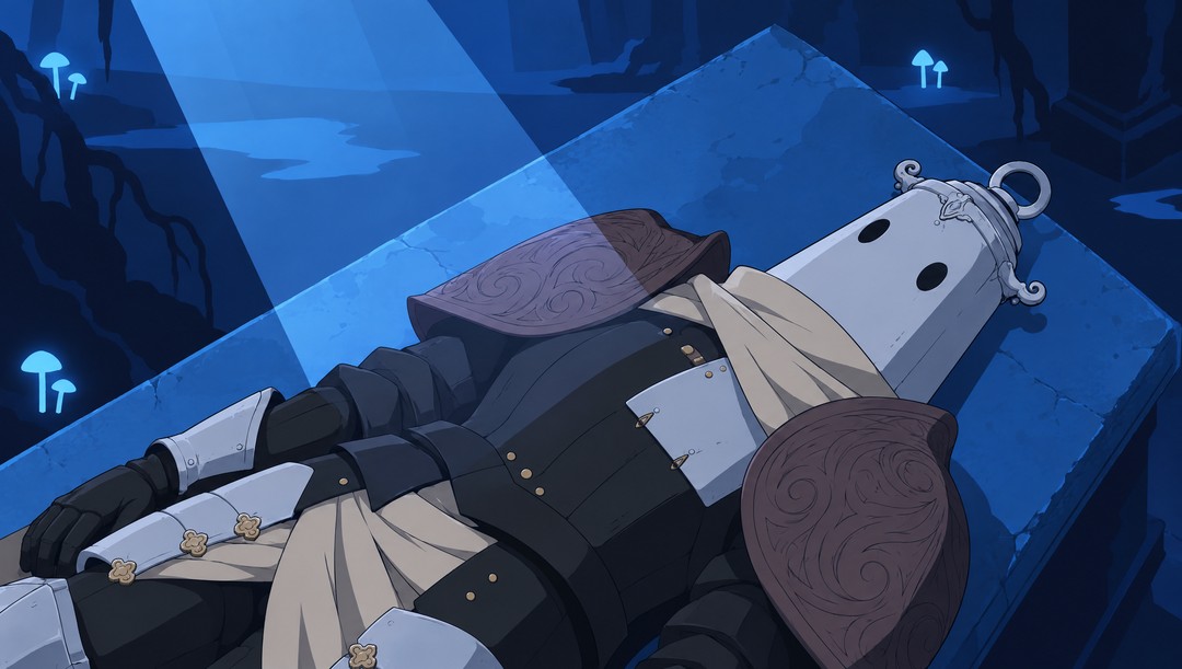 High close shot on the lying knight from above the altar: helmet to the right, the two small dark eye holes, the cream scarf, the engraved pauldrons, one gauntlet along the body. A first pale beam touches the metal.