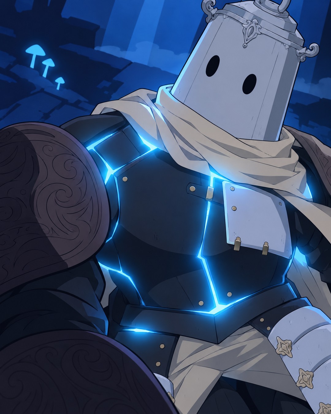 Close on the torso: blue light spreads through the armour, the seams of the chest plate and the joints glow cyan, a pauldron dark in the foreground; the glow pulses brighter and brighter.
