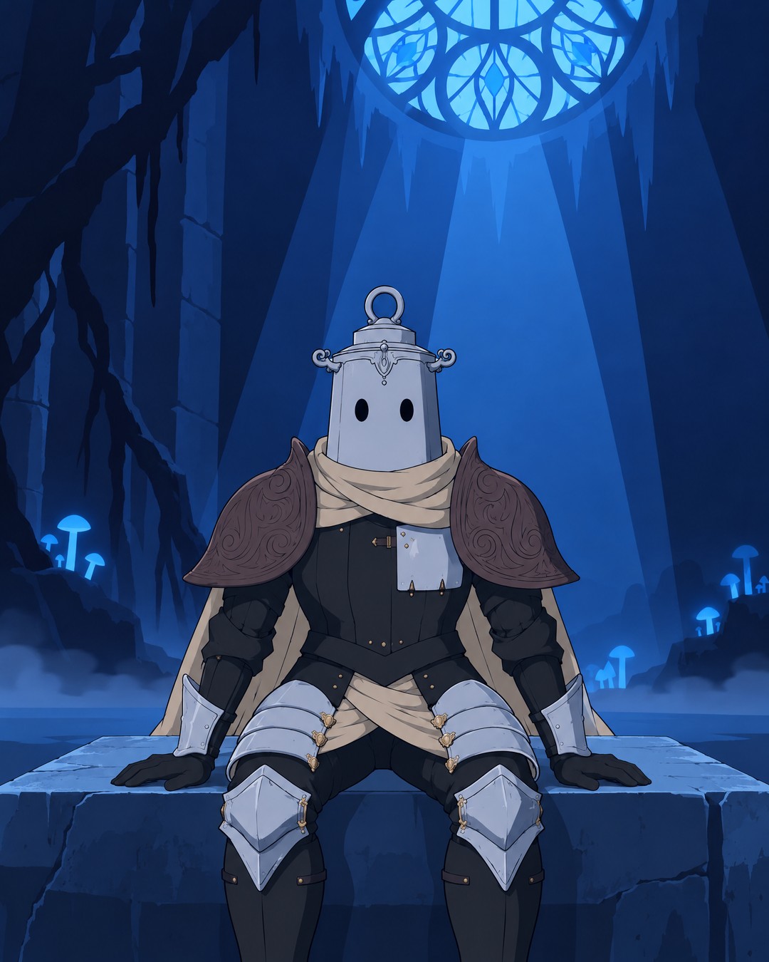 Frontal medium, sitting on the altar, the glow gone: the hollow helmet turned to the camera, arms down, hands on the stone, mushrooms and roots behind.