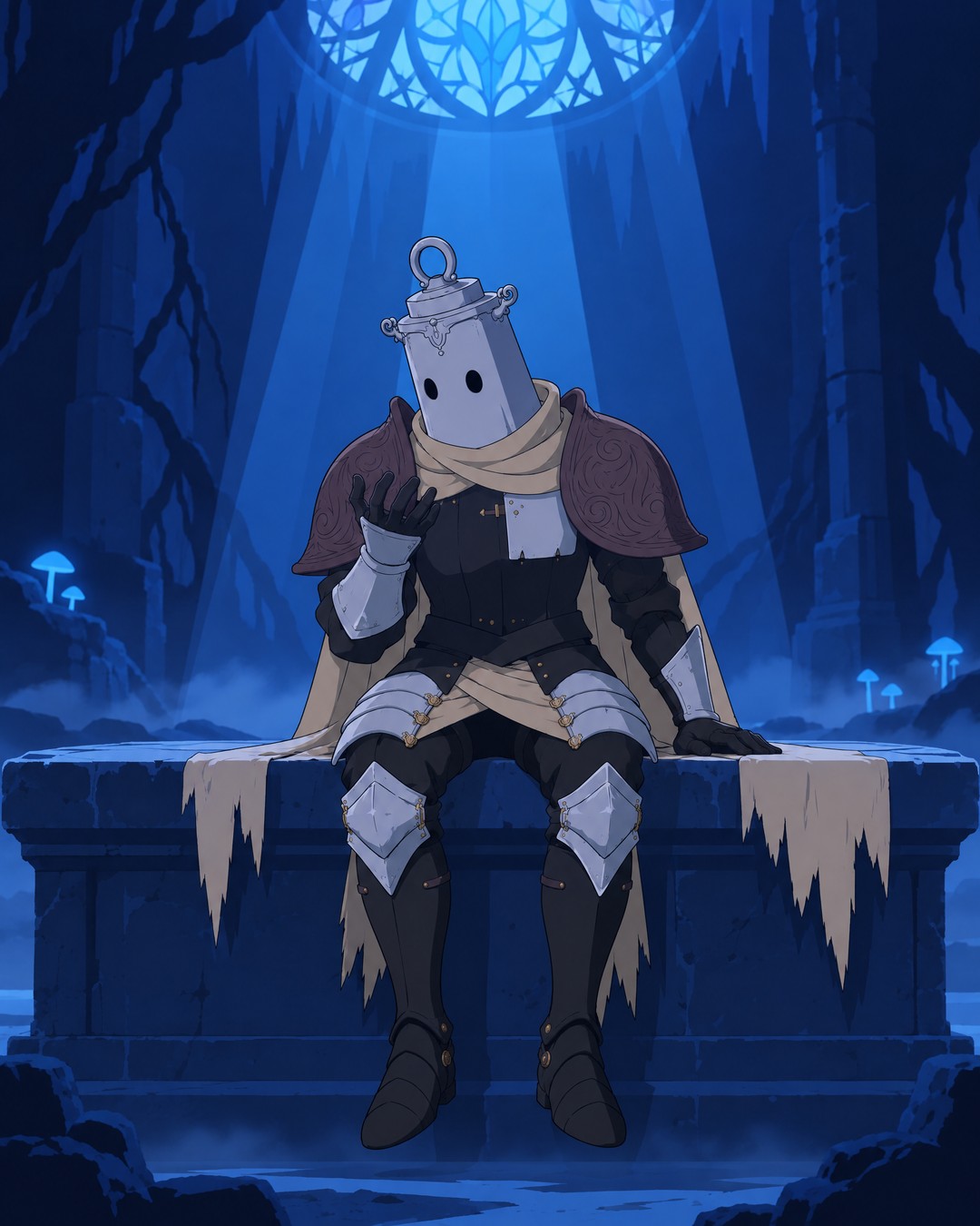 Frontal medium, still seated: he lifts his right gauntlet in front of his chest and looks at it, the helmet tilting toward the hand.